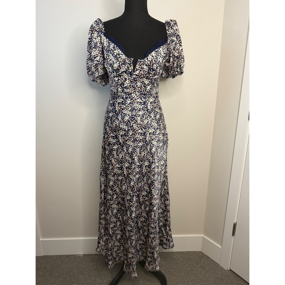 ASTR‎ The Label Navy Sylvie Ditsy Floral Sweetheart Midi Dress Puff Sleeve Small